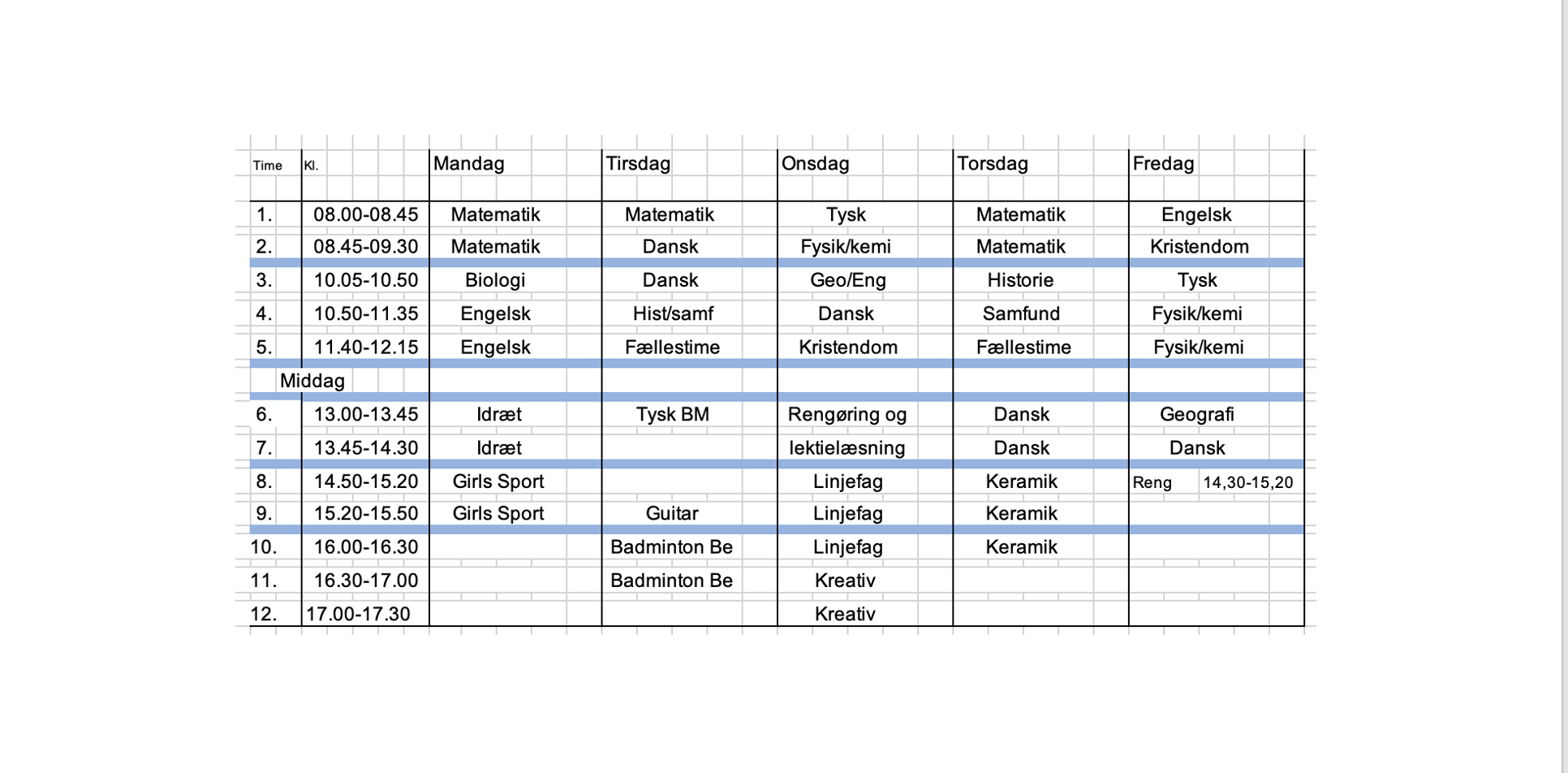 Alle undervisningsskemaer er individueller på Sædding Efterskole - her blot et ekspempel på et skema fra 9. klasse.