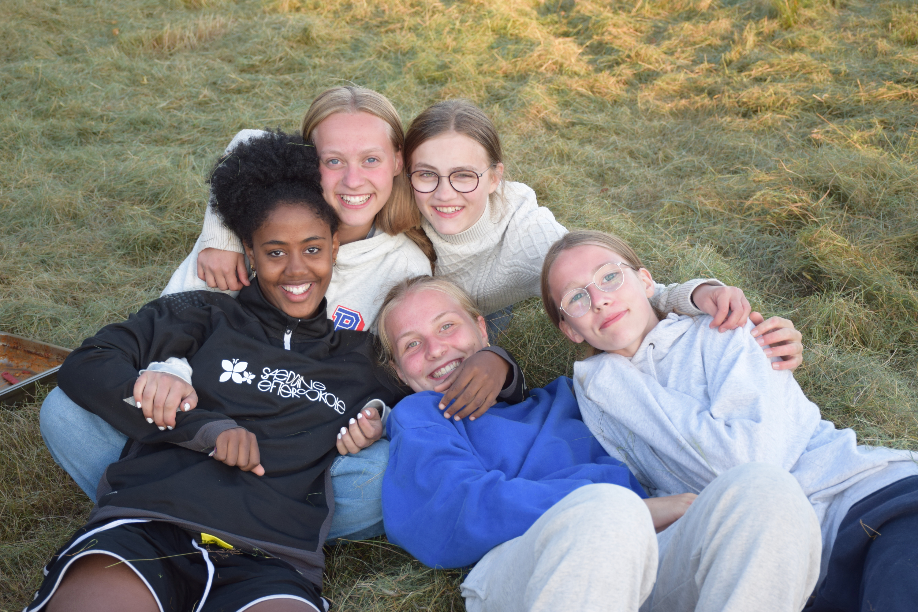 Ledige jobs på Sædding Efterskole. Her ses fem piger fra Sædding Efterskole, som ligger sammen i græsset og smiler til kameraet. 