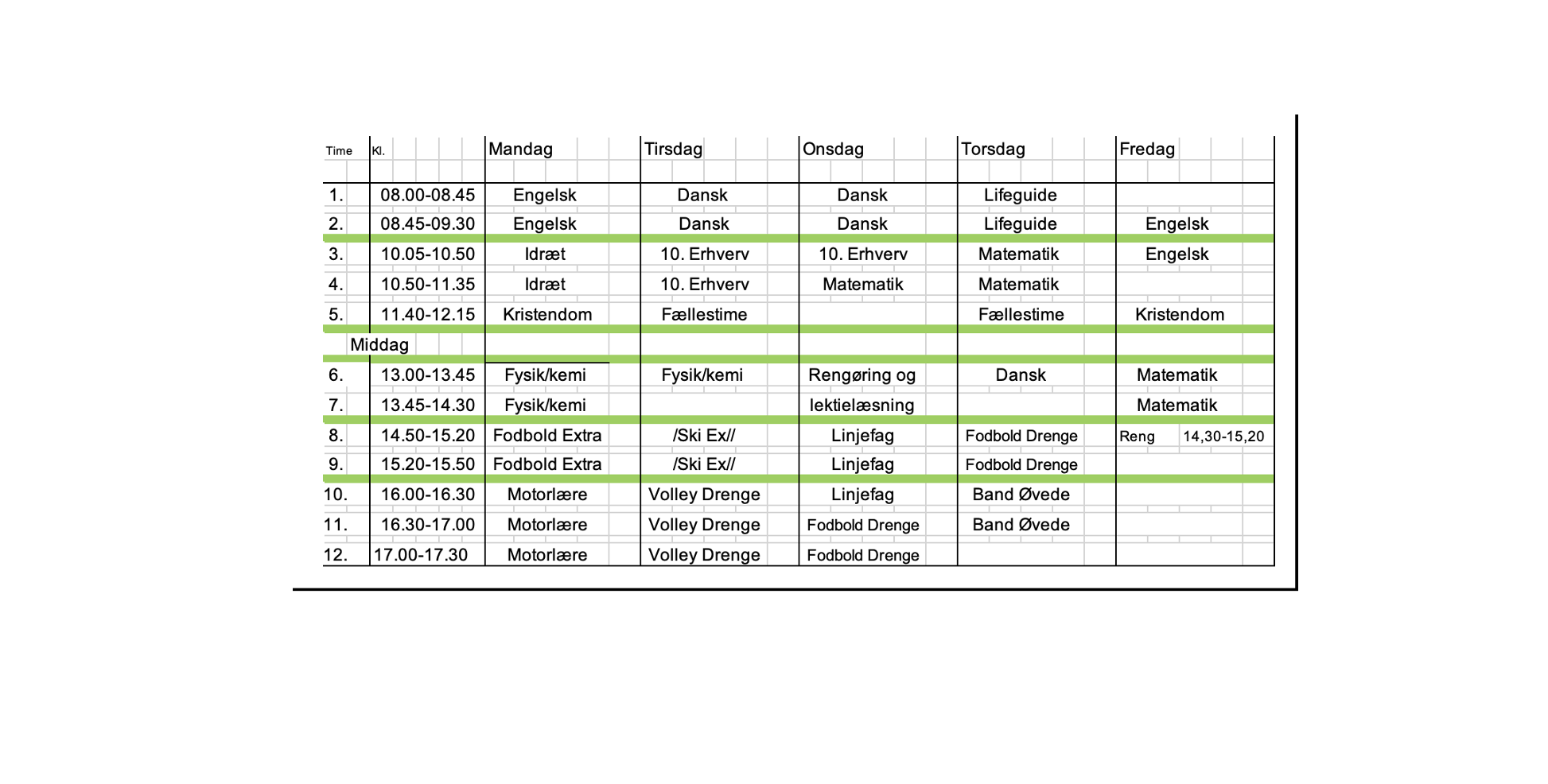 Alle undervisningsskemaer er individueller på Sædding Efterskole - her blot et ekspempel på et skema fra 10. klasse.