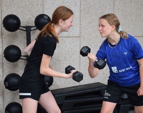Efterskolepiger er i gang med fitness på Sædding Efterskole